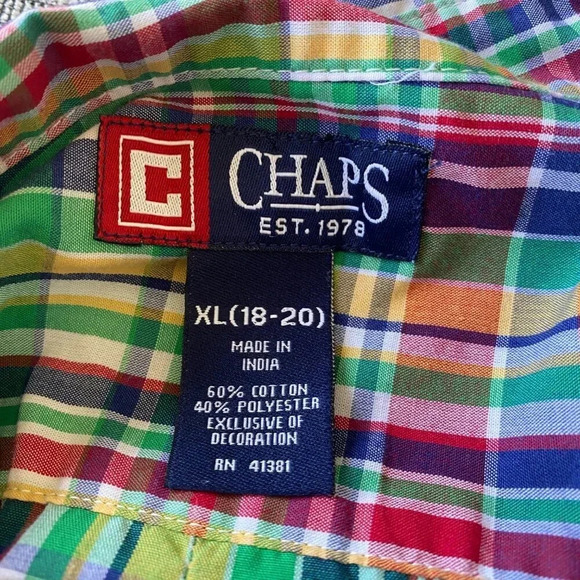 Chaps Shirt Boys Size XL 18-20 Multi Color Plaid Short Sleeve Button Front - Picture 4 of 4